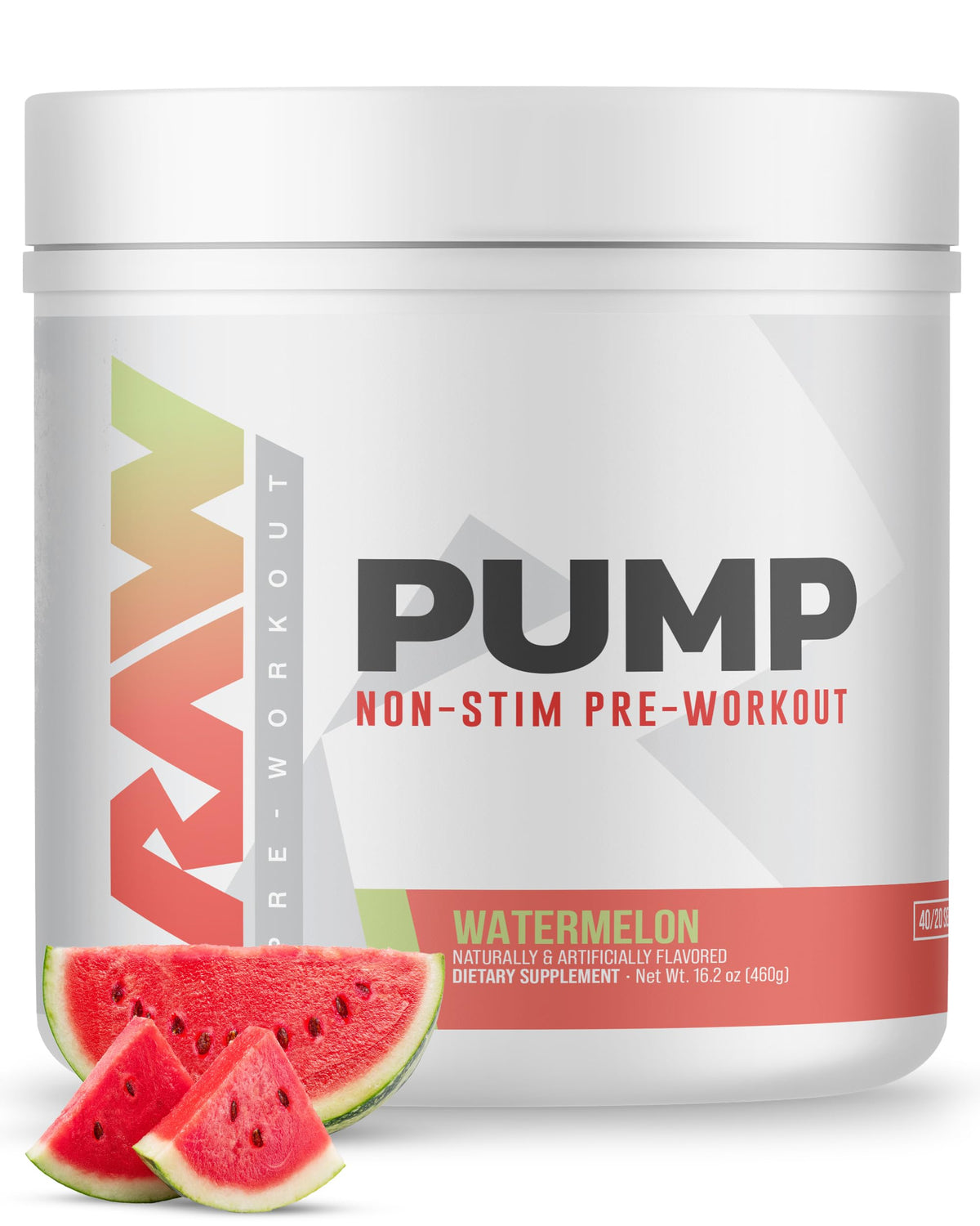 RAW Pump Stim Free Pre Workout | Suplemento en Polvo Preentrenamiento Sin Estimulantes y Potenciador de Óxido Nítrico | Bebida de Suplementos Preentrenamiento para Durante el Entrenamiento | (40 Porciones) (Sandía)