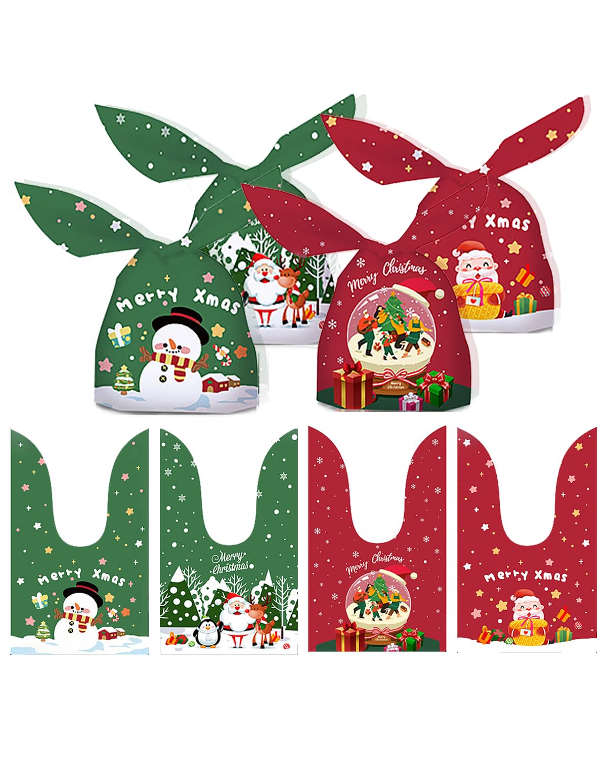 KOCOVIMI 100Pcs Christmas Treat Bags 4 Style Christmas Gift Bags for Kids Rabbit Ear Candy Bags Cute Christmas Goodie Bags Christmas Cookie Bags for Christmas Party