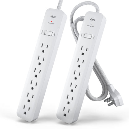 KMC Regleta Protectora de Sobretensión de 6 Salidas con Cable de 4 Pies, Paquete de 2, 1080J, Protector de Sobretensión con Cable de Extensión Trenzado y Largo de 4 Pies con Múltiples Salidas, Regleta de Enchufes con Enchufe Plano