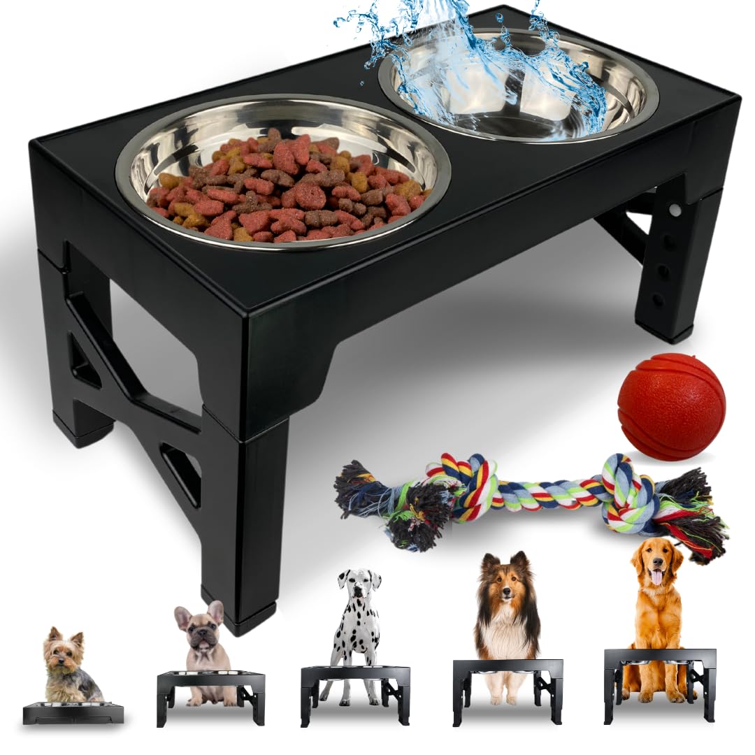 ThreeBros Adjustable Pet Bowl Stand with 2 Stainless Steel Bowls