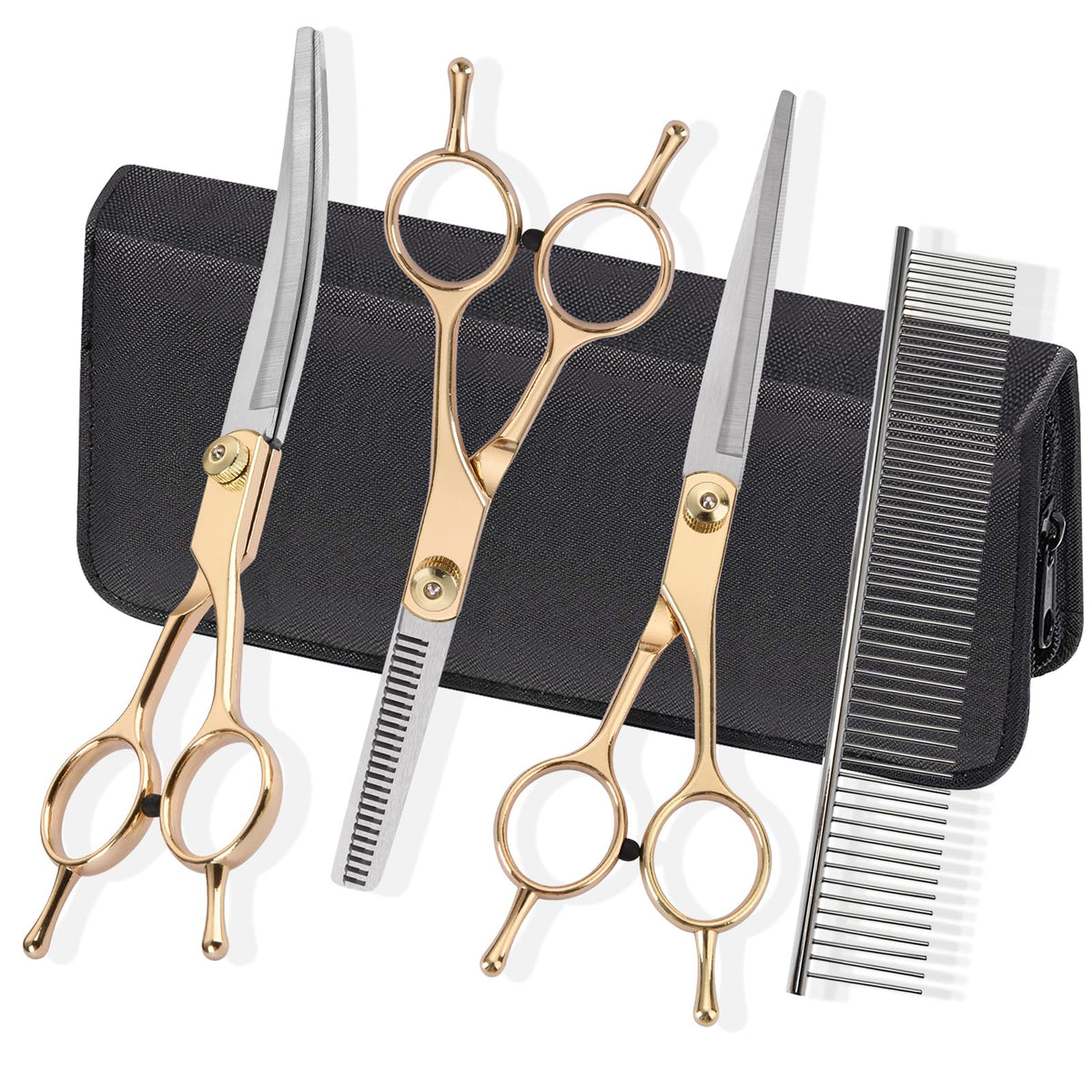 Kit de Peluquería para Perros en Casa Fcysy con Tijeras para el Pelo y Tijeras de Entresacar, Set de Tijeras Curvas para el Aseo de Gatos, Tijeras de Recorte para Gatos, Tijeras para Cortar Pelo de Perros, Herramientas de Peluquería para Mascotas